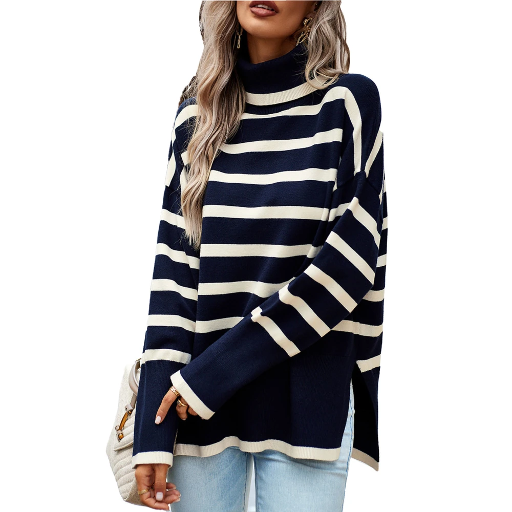 High Neck Knitted Sweater Drop Shoulder Long Sleeve Split Hem High Neck Stripe Sweater for Women Purplish Blue L