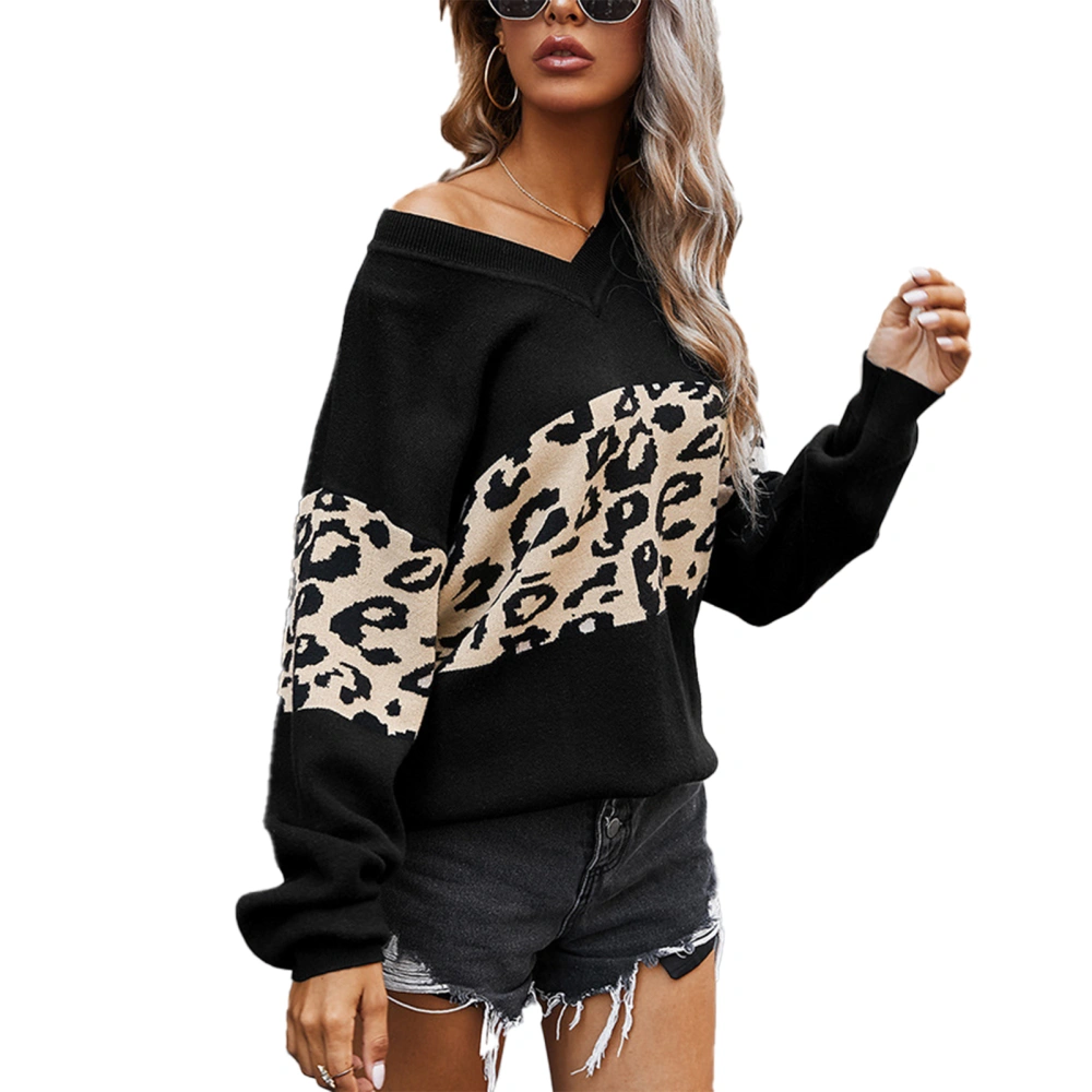 One Shoulder Sweater V Neck Leopard Print Casual Fashionable Knit Top for Party Shopping Office Black XL