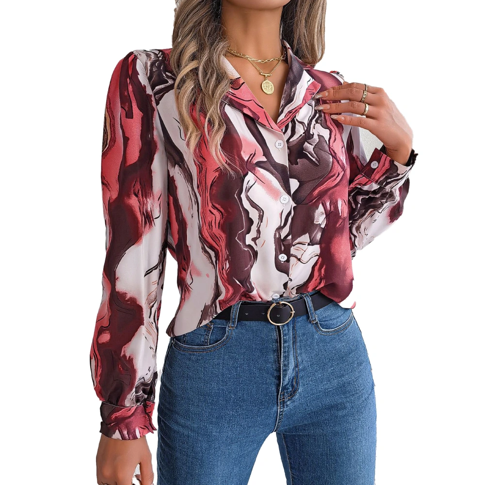 Women Fashion Print Leisure Shirt Abstract Print Button Up Blouse Turn Down Collar Long Sleeve Top Wine Red M