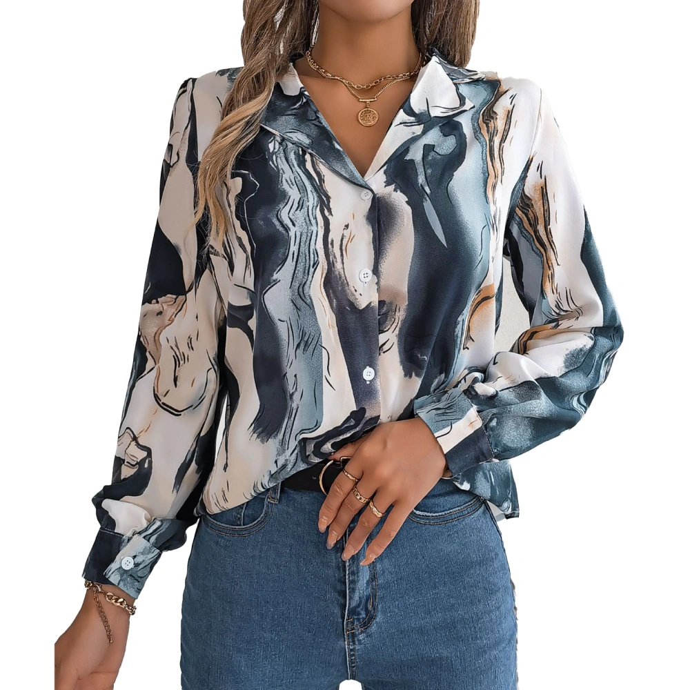 Women Fashion Print Leisure Shirt Abstract Print Button Up Blouse Turn Down Collar Long Sleeve Top Blue XL