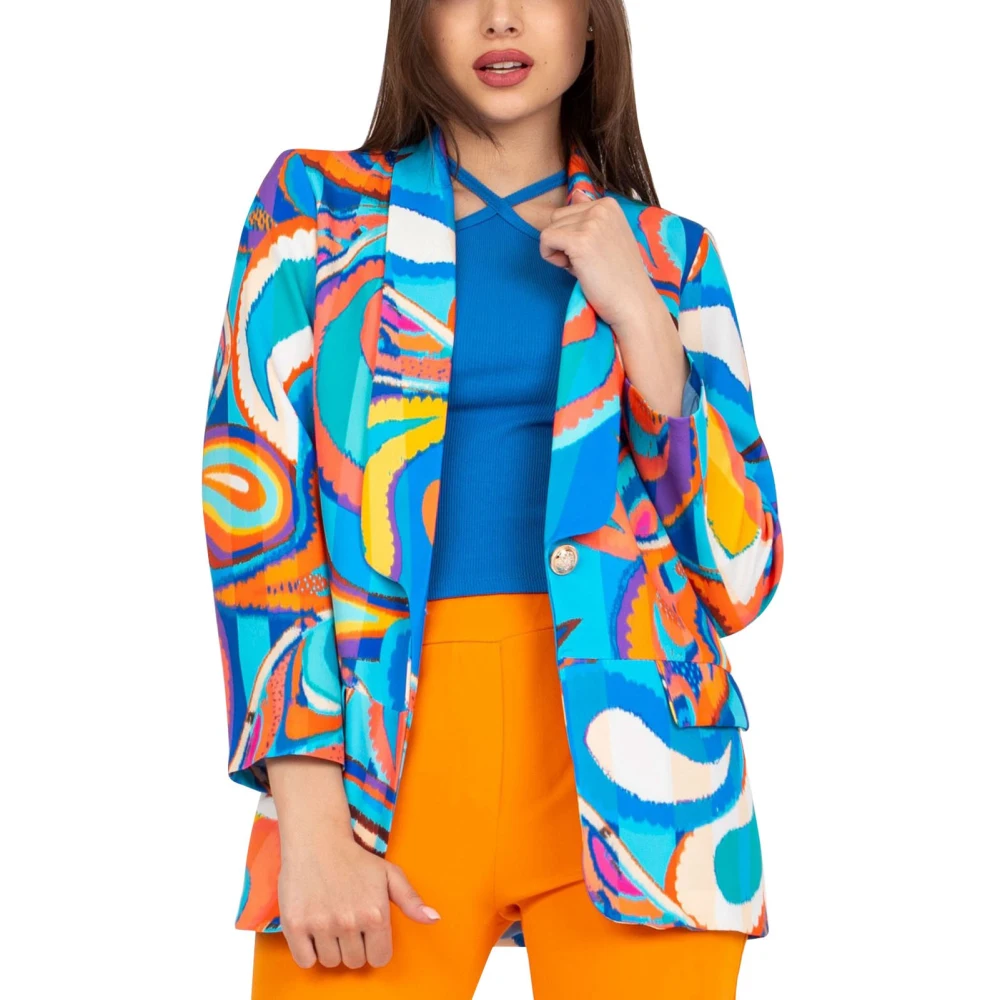 Long Sleeve Turn Down Collar Suit Jacket Women Single Button Colorful Graphic Print Casual Jacket Blue S