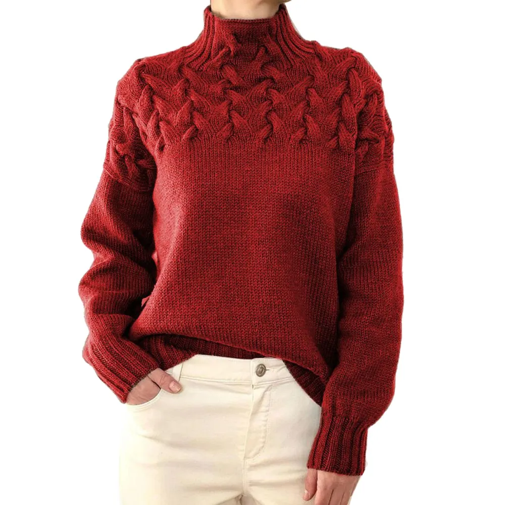 Women High Neck Sweater Long Sleeves Pure Color Cable Knit Pullover Top for Autumn Winter Red L