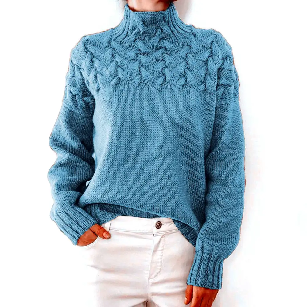 Women High Neck Sweater Long Sleeves Pure Color Cable Knit Pullover Top for Autumn Winter Sky Blue S