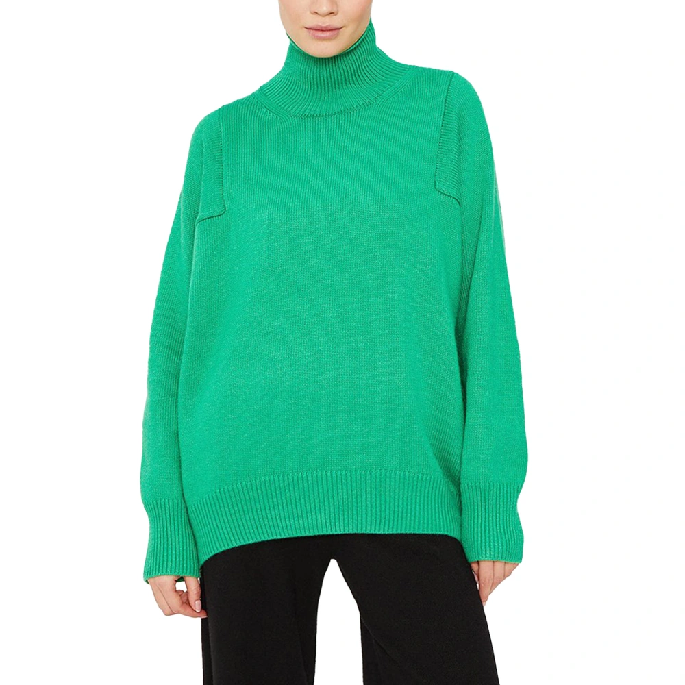 Women High Neck Sweater Loose Fit Plain Color Long Sleeve Casual Pullover Knit Sweater Top Green M