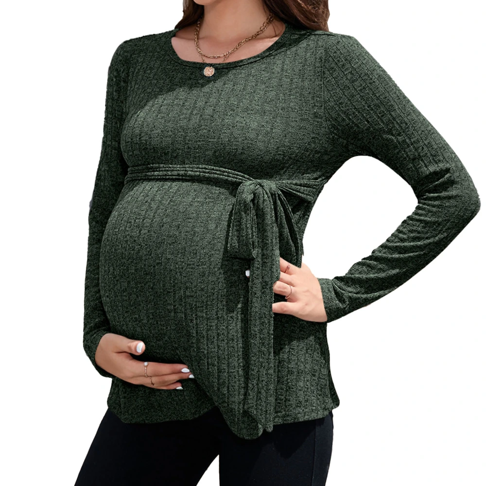 Maternity Long Sleeved Top Pure Color Round Neck Pit Stripes Breathable Skin Friendly Long Sleeve Blouse for Traveling Partying Green S