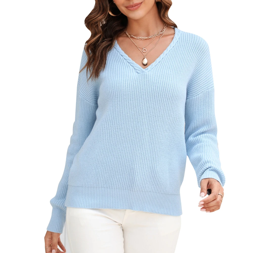 Women Knit Sweater Solid Color Fashion Style Casual Slim V Neck Long Sleeve Pullover Jumper Blue XL