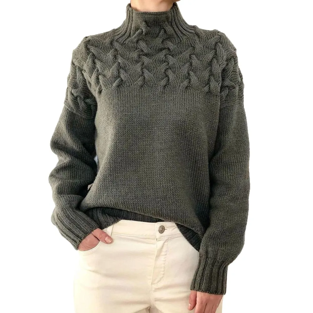 Women High Neck Sweater Long Sleeves Pure Color Cable Knit Pullover Top for Autumn Winter Grey XL