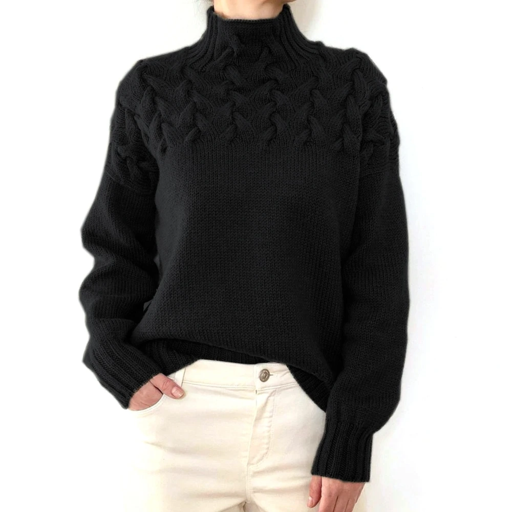 Women High Neck Sweater Long Sleeves Pure Color Cable Knit Pullover Top for Autumn Winter Black XL