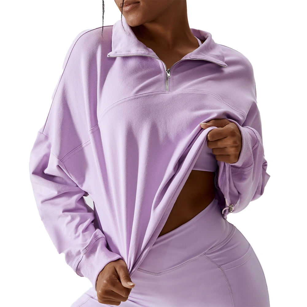 Women Sports Sweatshirt Long Sleeve Turn Dwon Collar Windproof Pure Color Pullover Top for Running Purple 8/S