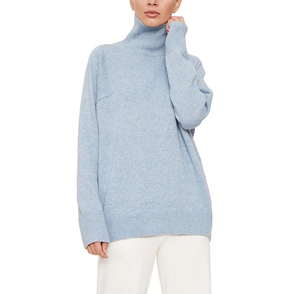 Women High Neck Sweater Loose Fit Plain Color Long Sleeve Casual Pullover Knit Sweater Top Light Blue S