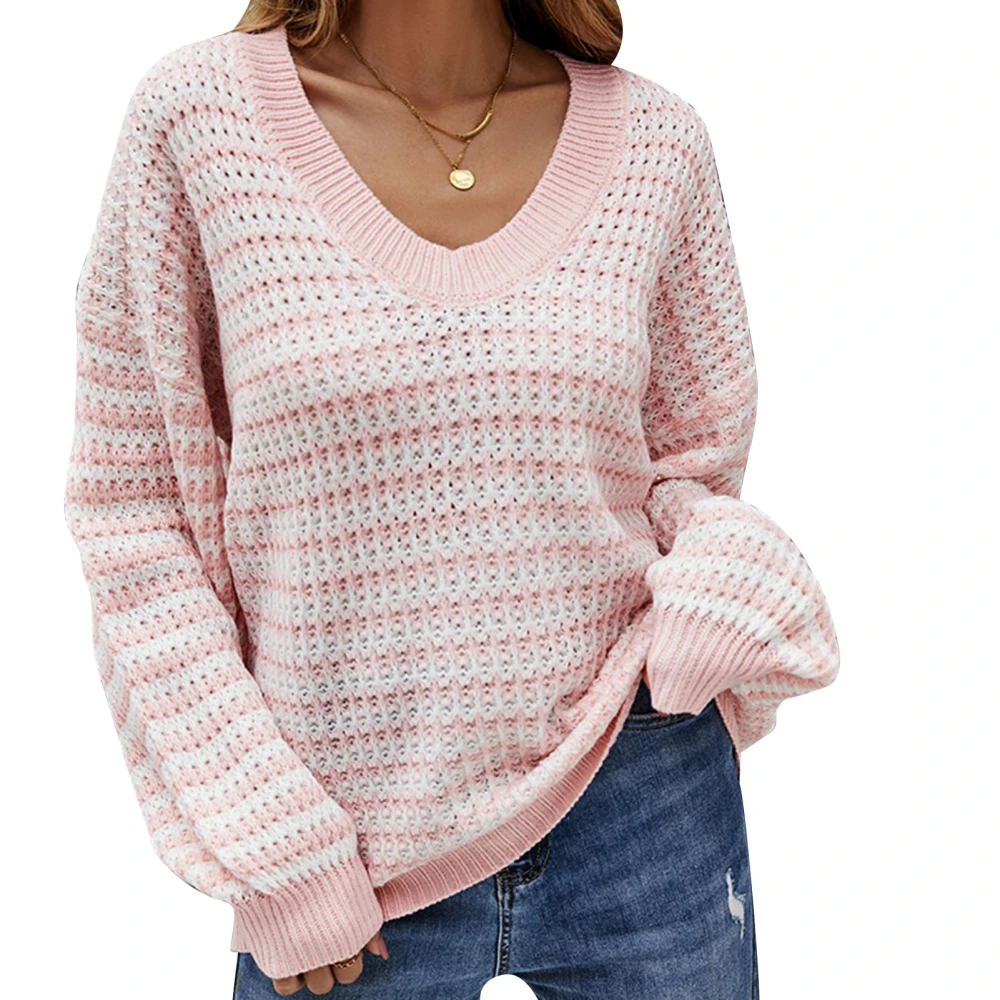 V Neckline Stripe Sweater Long Sleeve Loose Fitted Ribbed Stripe Knitted Sweater for Women Pink L