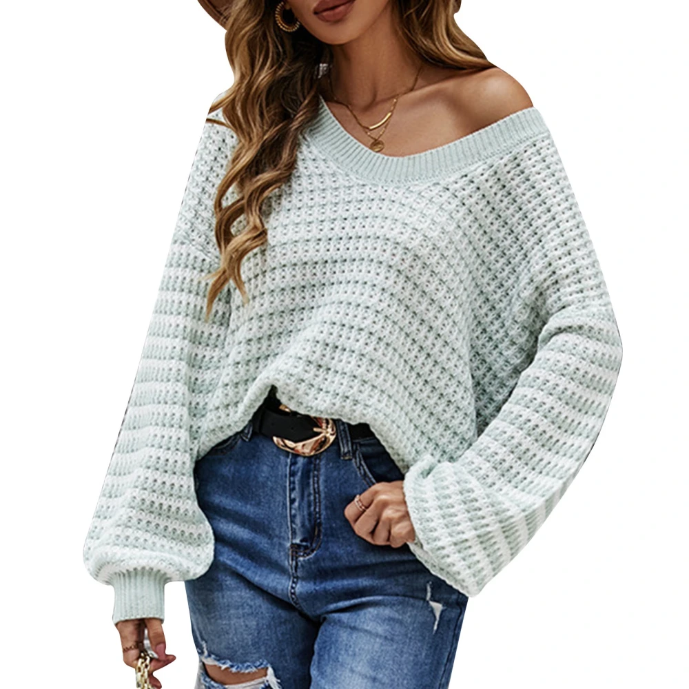 V Neckline Stripe Sweater Long Sleeve Loose Fitted Ribbed Stripe Knitted Sweater for Women Green M