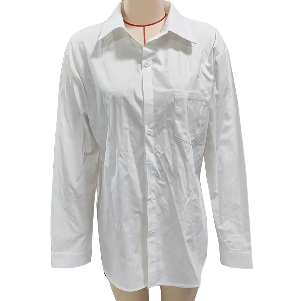 Men Long Sleeve Shirt Turn Down Collar Button Up Pure Color Casual Loose Fit Blouse with Bust Pocket White 3XL