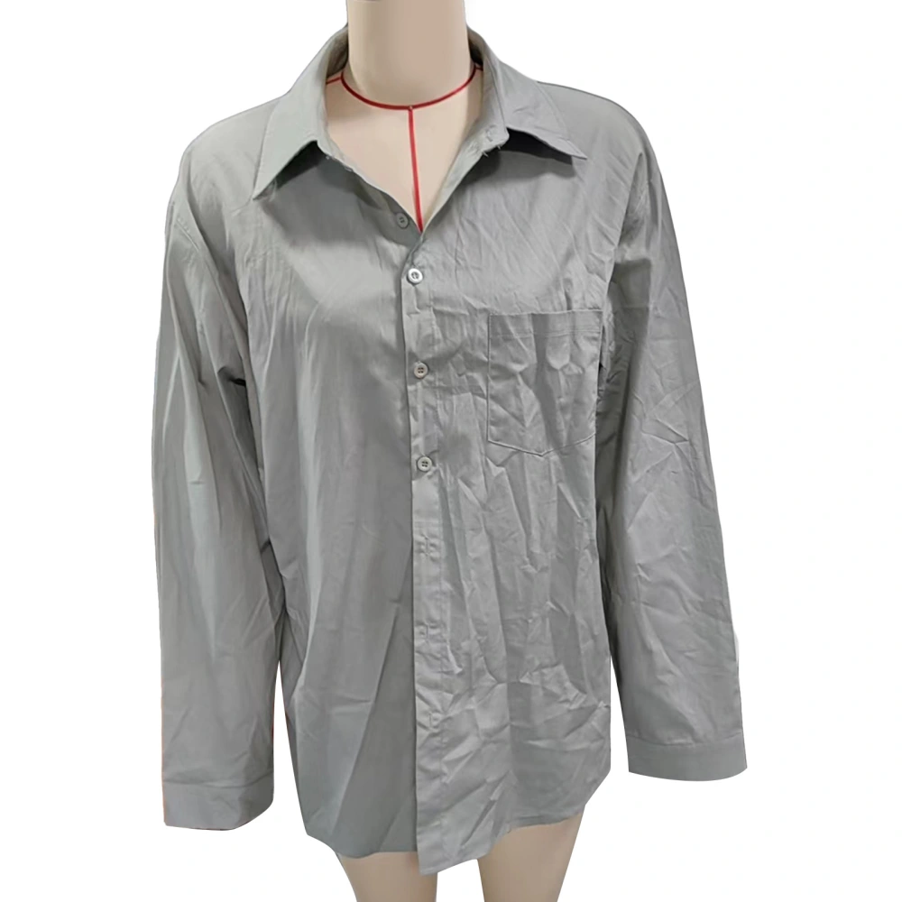 Men Long Sleeve Shirt Turn Down Collar Button Up Pure Color Casual Loose Fit Blouse with Bust Pocket Grey L