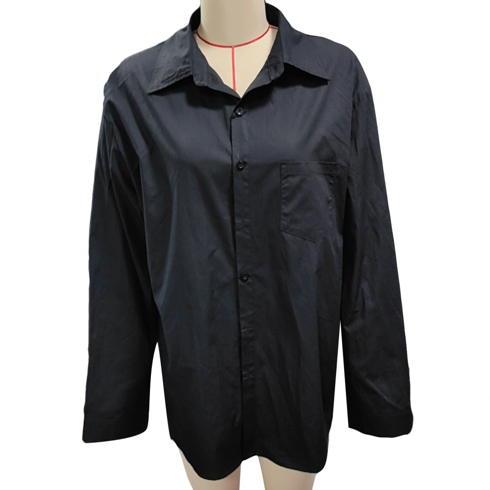 Men Long Sleeve Shirt Turn Down Collar Button Up Pure Color Casual Loose Fit Blouse with Bust Pocket Black 3XL