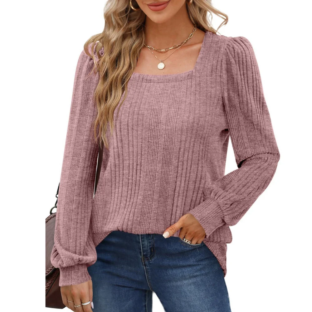 Women Fashionable Long Sleeve T Shirt Loose Casual Elegant Plain Color Rib Bottoming Shirt Top Blouse Pink XL