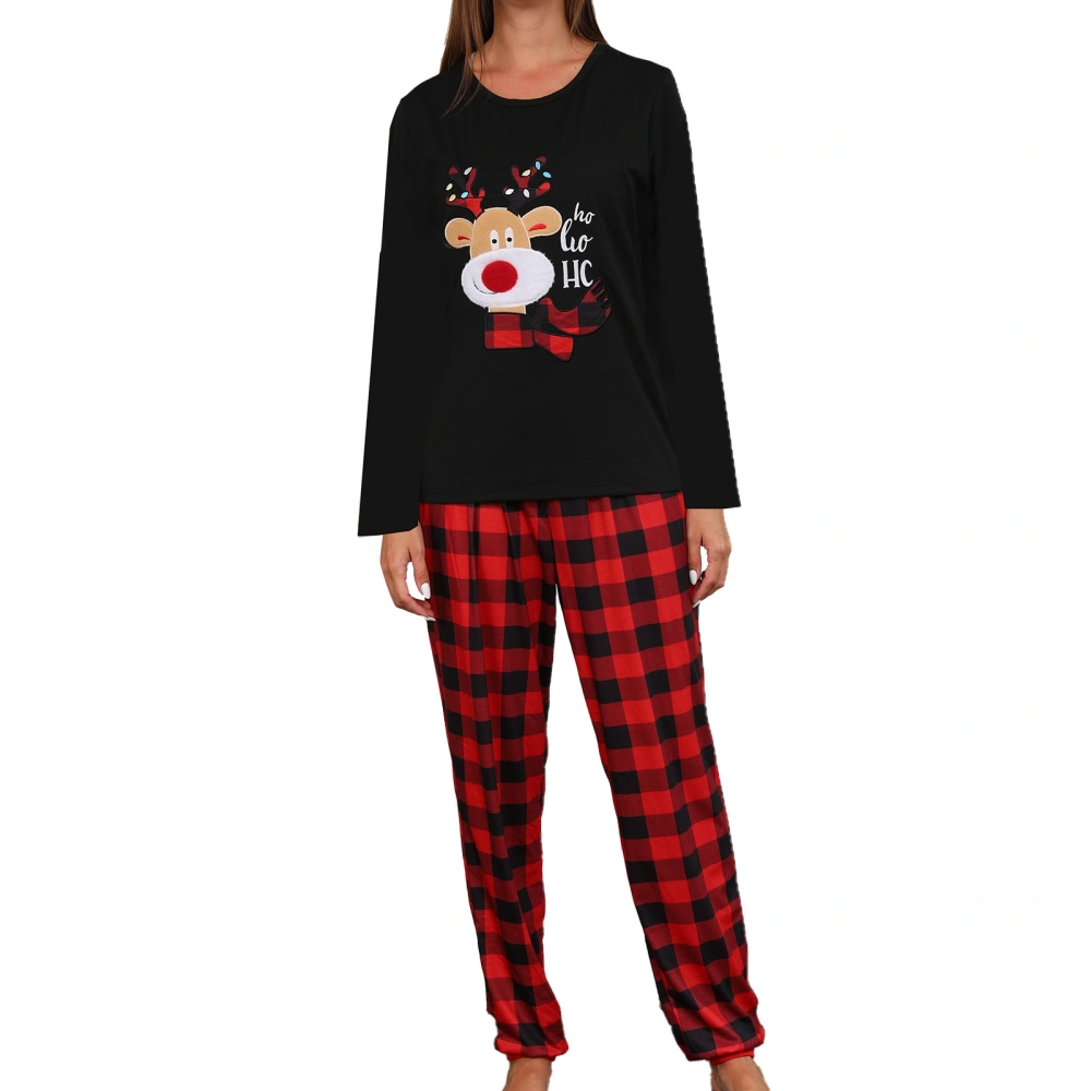 Christmas Deer Embroidery Pattern Pajamas Cozy Christmas Home Wear Loungewear Comfy Grid Print Pants Sleepwear Black Women XXL