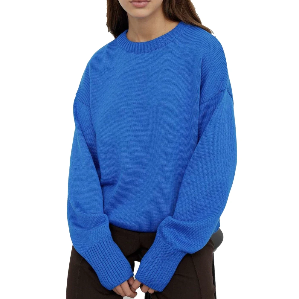 Women Loose Sweater Fashion Casual Solid Color Long Sleeve Crew Neck Knitted Top for Fall Winter Blue L