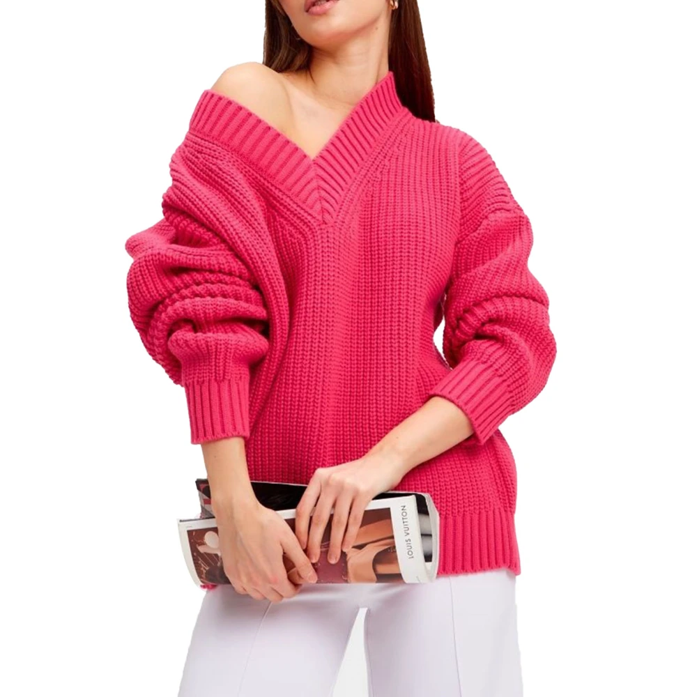 Women V Neck Sweater Long Sleeve Pure Color Loose Fit Casual Pullover Knit Sweater Watermelon Red L