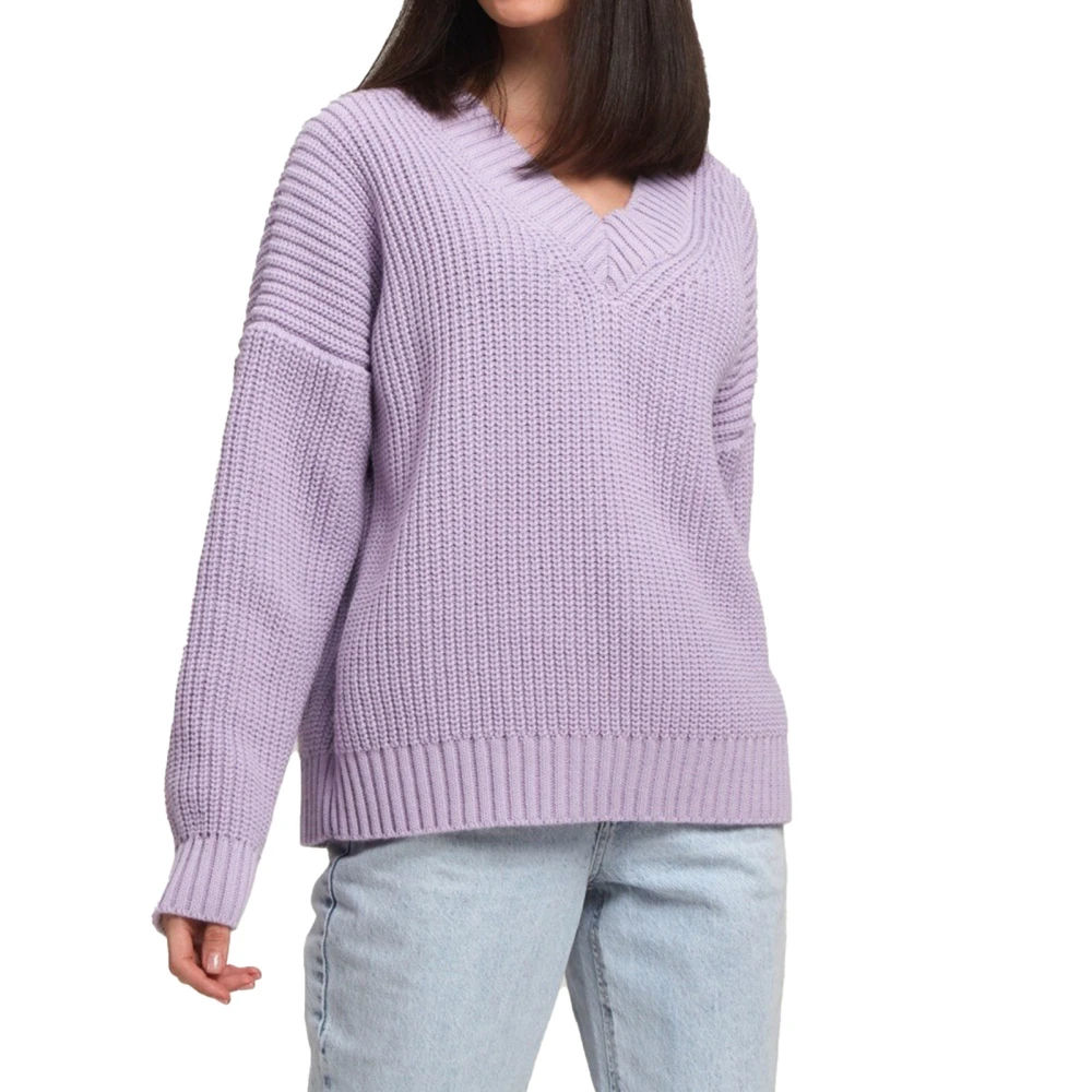 Women V Neck Sweater Long Sleeve Pure Color Loose Fit Casual Pullover Knit Sweater Lavender Purple M