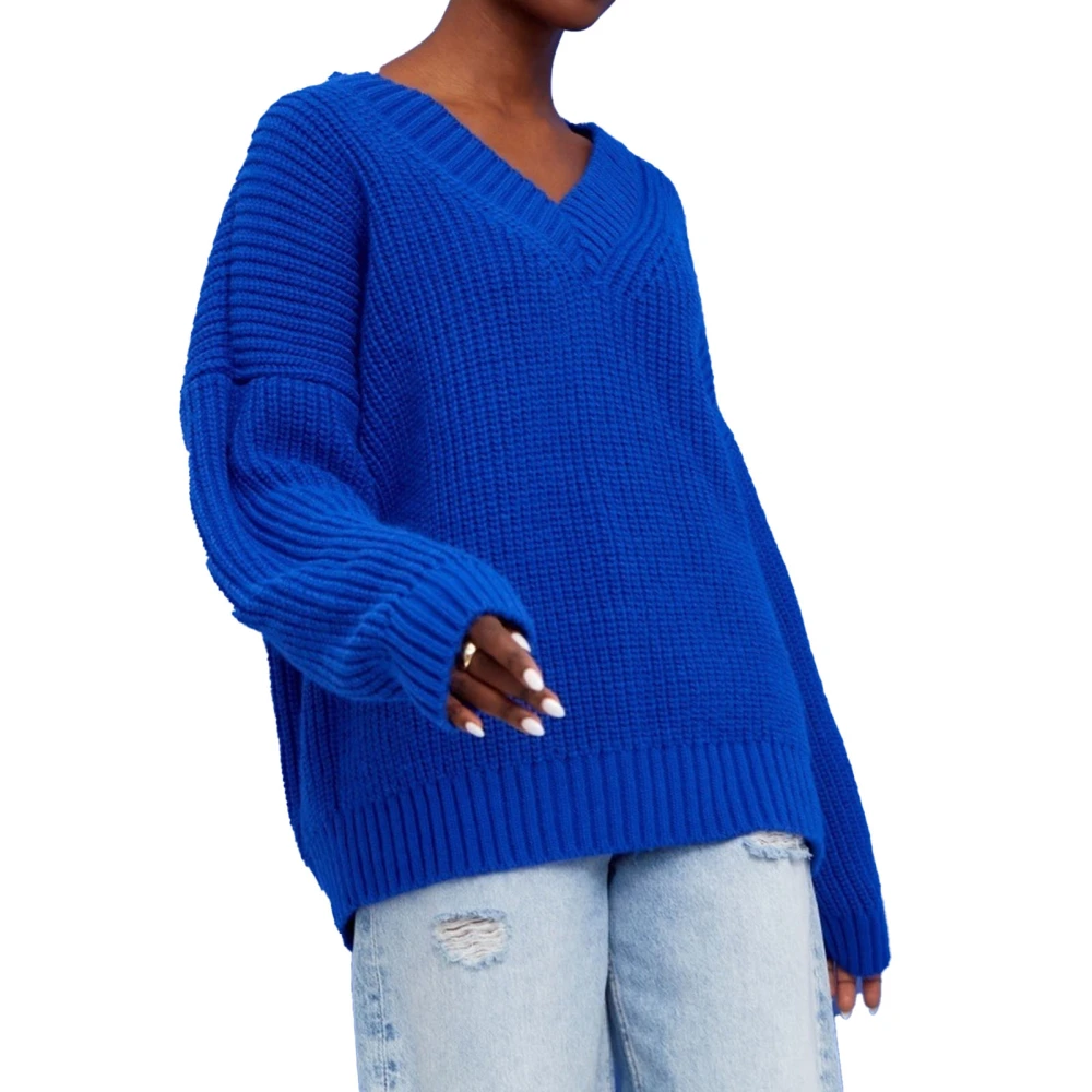 Women V Neck Sweater Long Sleeve Pure Color Loose Fit Casual Pullover Knit Sweater Royalblue S