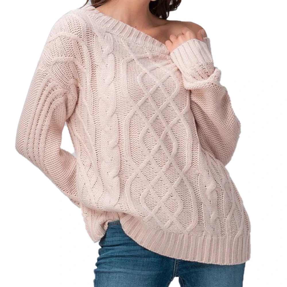 Long Sleeve Crewneck Sweater Women Casual Fashionable Elegant Plain Color Cable Knit Top for Office Work Beige M