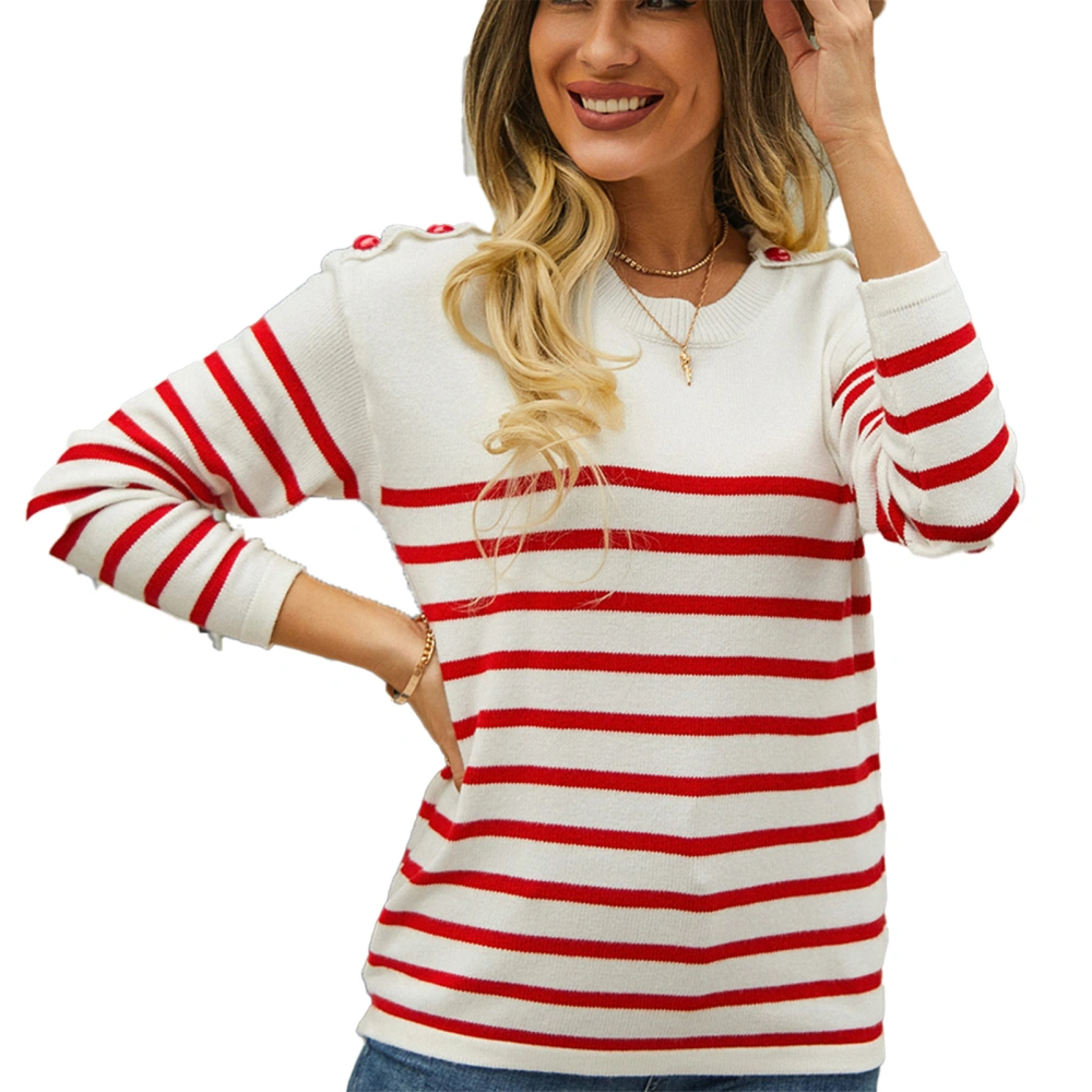 Women Striped Sweater Round Neck Button Trim Long Sleeves Loose Fitting Casual Knitted Top Red L