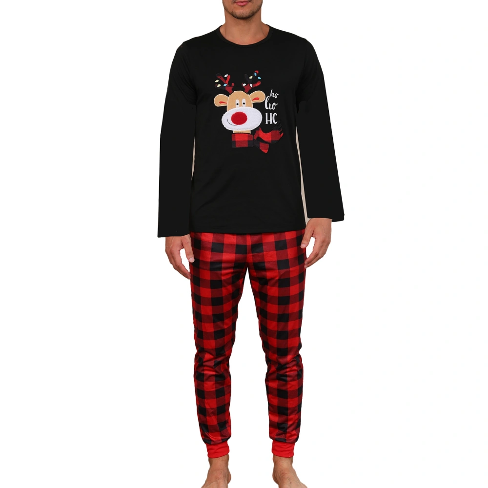 Christmas Deer Embroidery Pattern Pajamas Cozy Christmas Home Wear Loungewear Comfy Grid Print Pants Sleepwear Black Men M