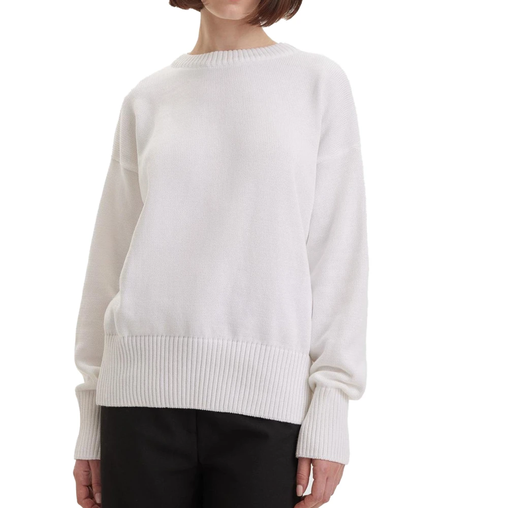 Women Loose Sweater Fashion Casual Solid Color Long Sleeve Crew Neck Knitted Top for Fall Winter White S