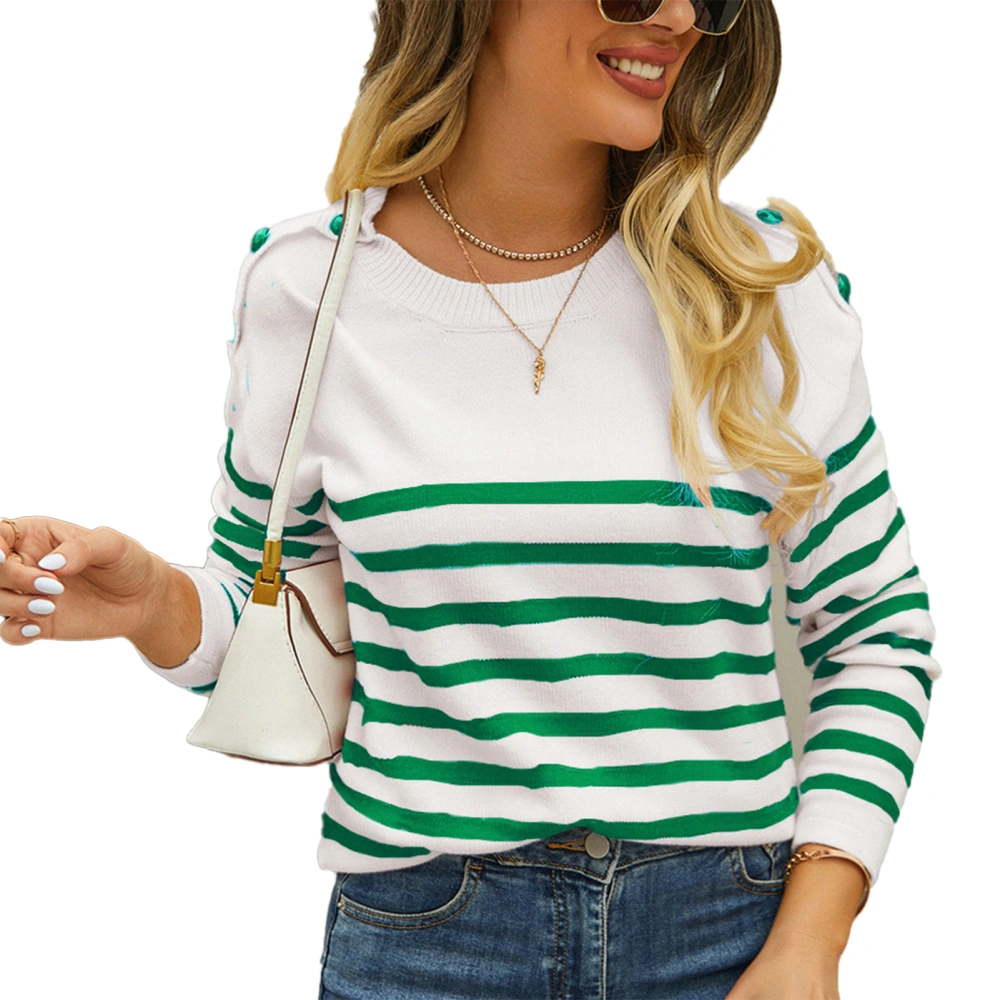 Women Striped Sweater Round Neck Button Trim Long Sleeves Loose Fitting Casual Knitted Top Green L