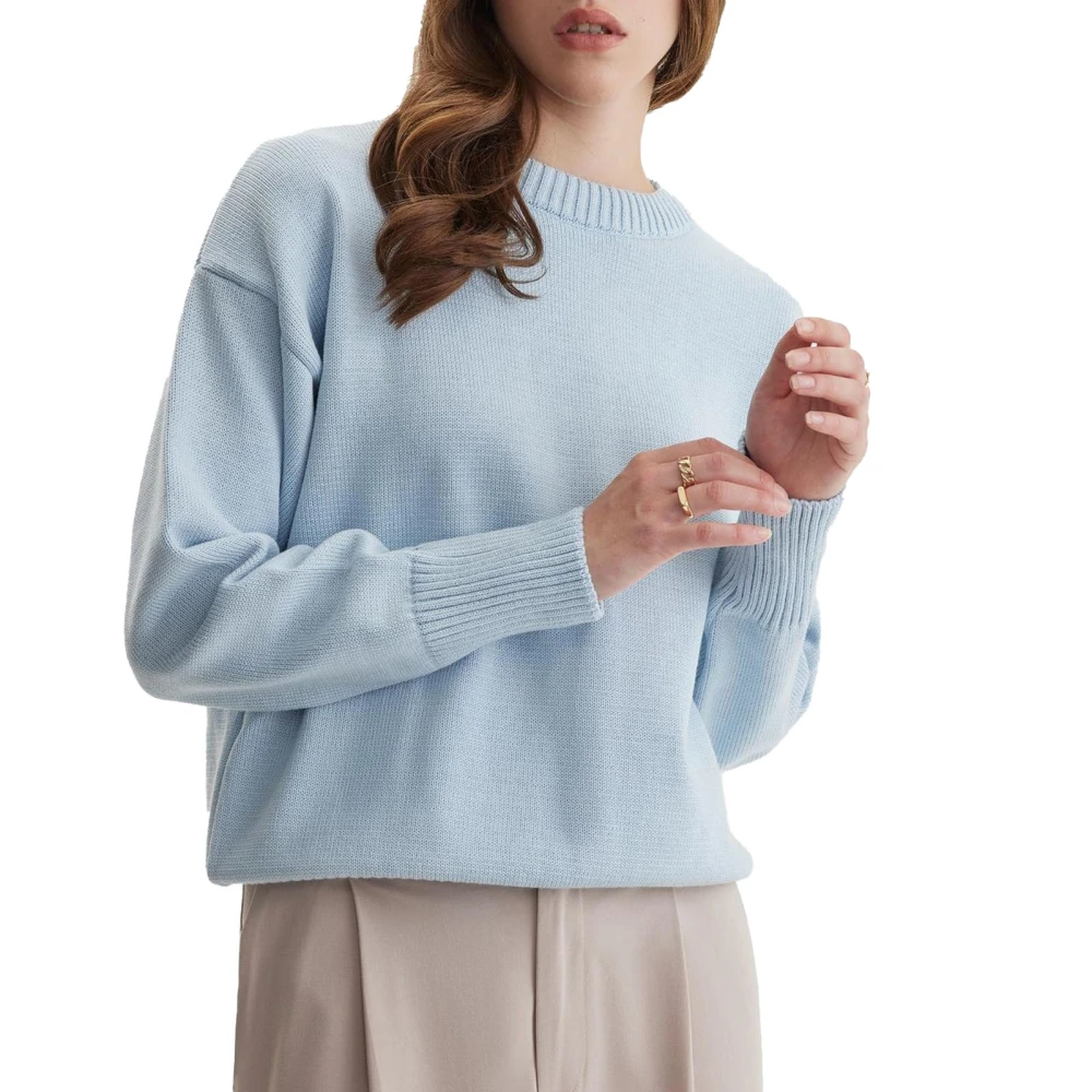 Women Loose Sweater Fashion Casual Solid Color Long Sleeve Crew Neck Knitted Top for Fall Winter Light Blue S