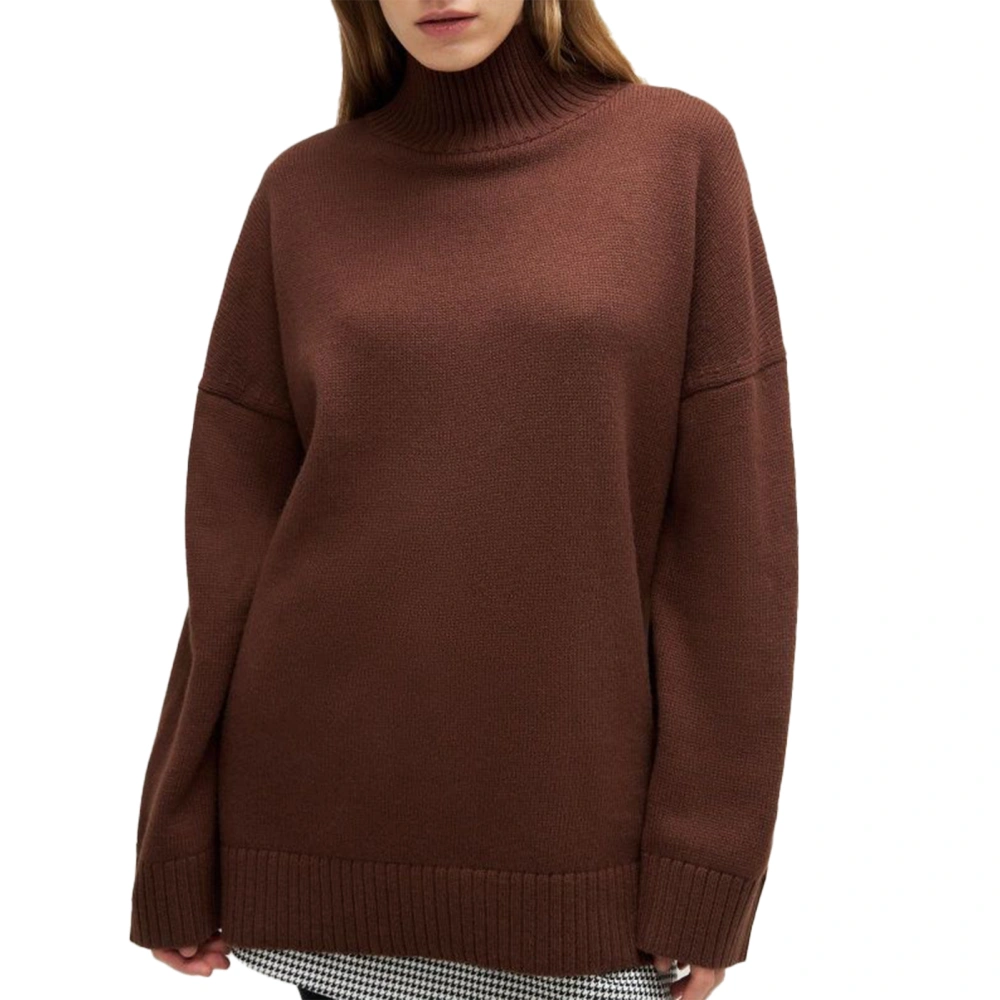 Women High Neck Sweater Long Sleeve Loose Fitting Pure Color Casual Pullover Top for Autumn Winter Dark Brown S