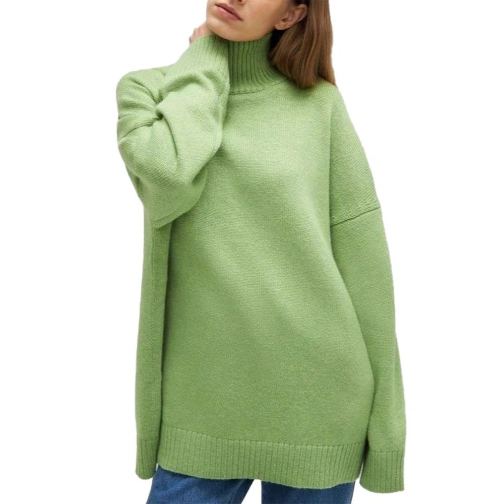 Women High Neck Sweater Long Sleeve Loose Fitting Pure Color Casual Pullover Top for Autumn Winter Yellow Green L