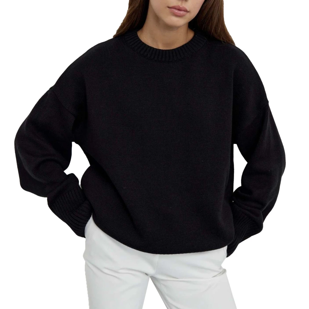 Women Loose Sweater Fashion Casual Solid Color Long Sleeve Crew Neck Knitted Top for Fall Winter Black M