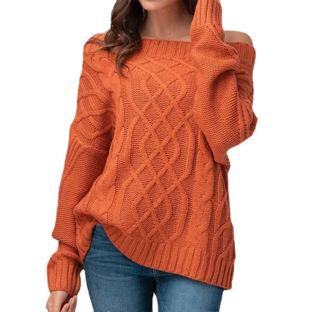 Long Sleeve Crewneck Sweater Women Casual Fashionable Elegant Plain Color Cable Knit Top for Office Work Orange XL