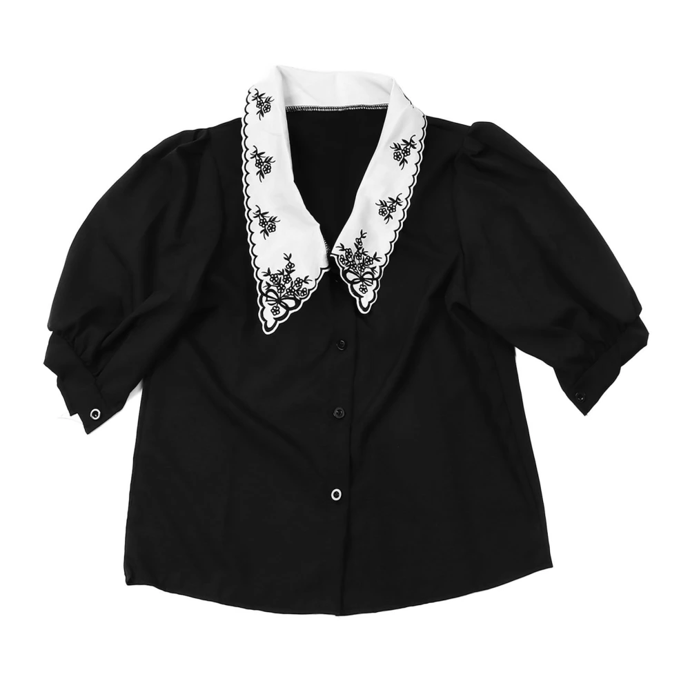 Puff Sleeve Floral Embroidered Turn Down Collar Shirt Women Retro Elegant Color Block Button Up Blouse Top Black L