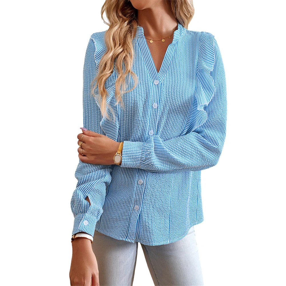 Women Blouse Long Sleeve Ruffled V Neck Single Row Button Fashionable Shirt Top for Travel Shopping Office Lake Blue M