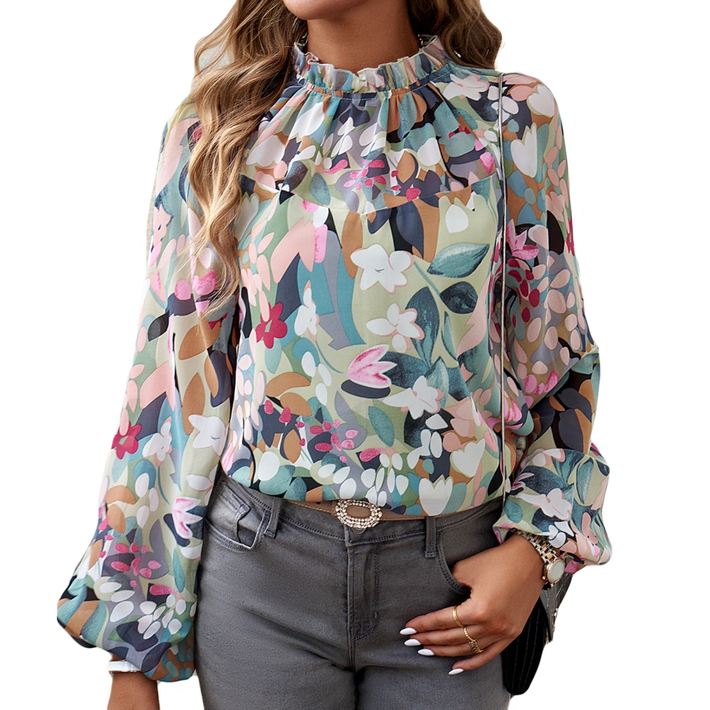 Women Long Sleeve Shirt Floral Printed Mock Neck Frill Trim Pullover Top for Work Business Dating Holiday Green L