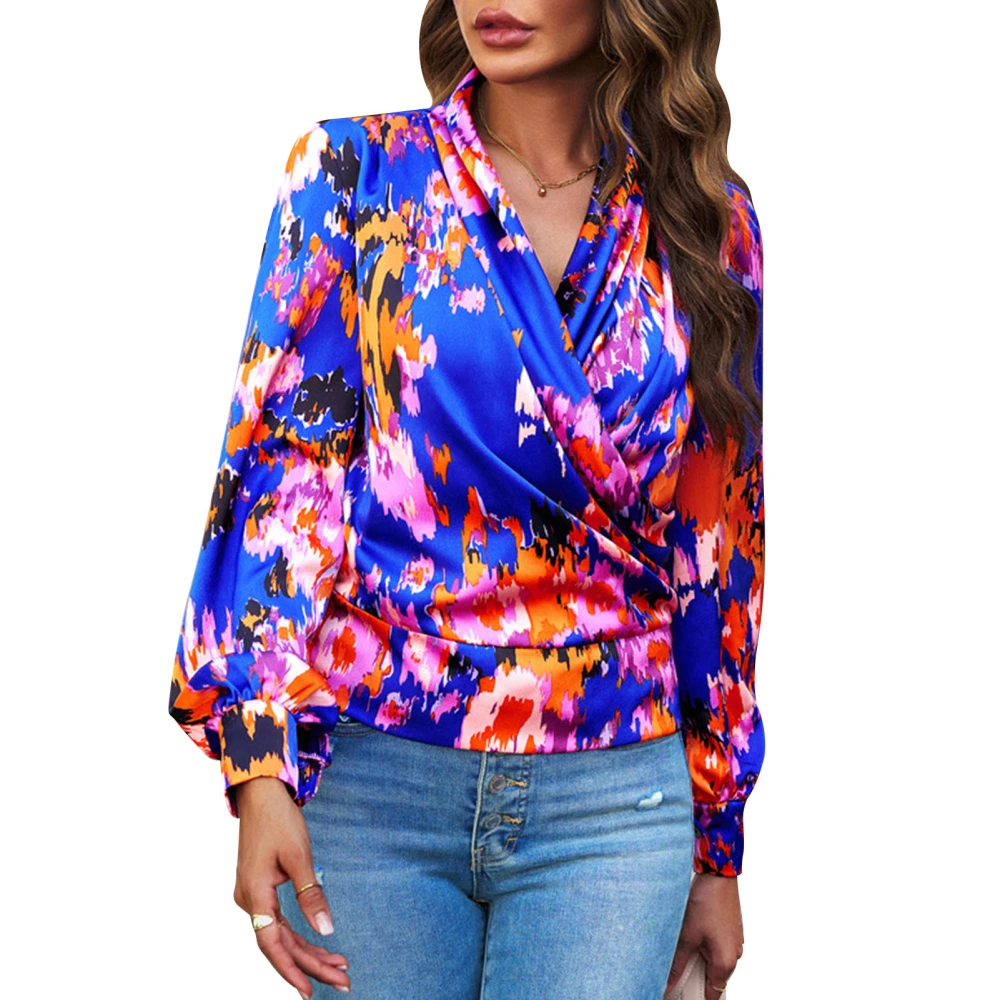 Women Satin Wrap V Neck Blouse Floral Print Puff Long Sleeve Loose Fit Dressy Top Blue M