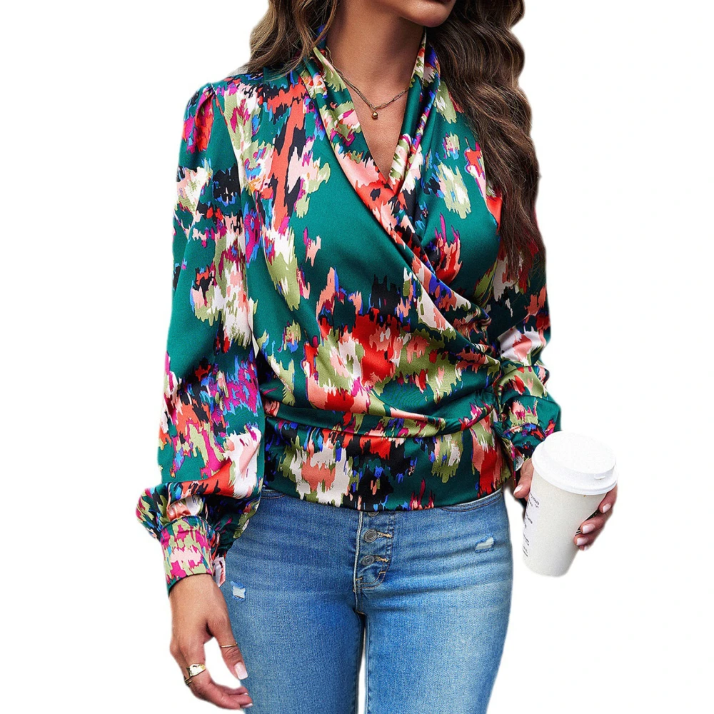 Women Satin Wrap V Neck Blouse Floral Print Puff Long Sleeve Loose Fit Dressy Top Dark Green M