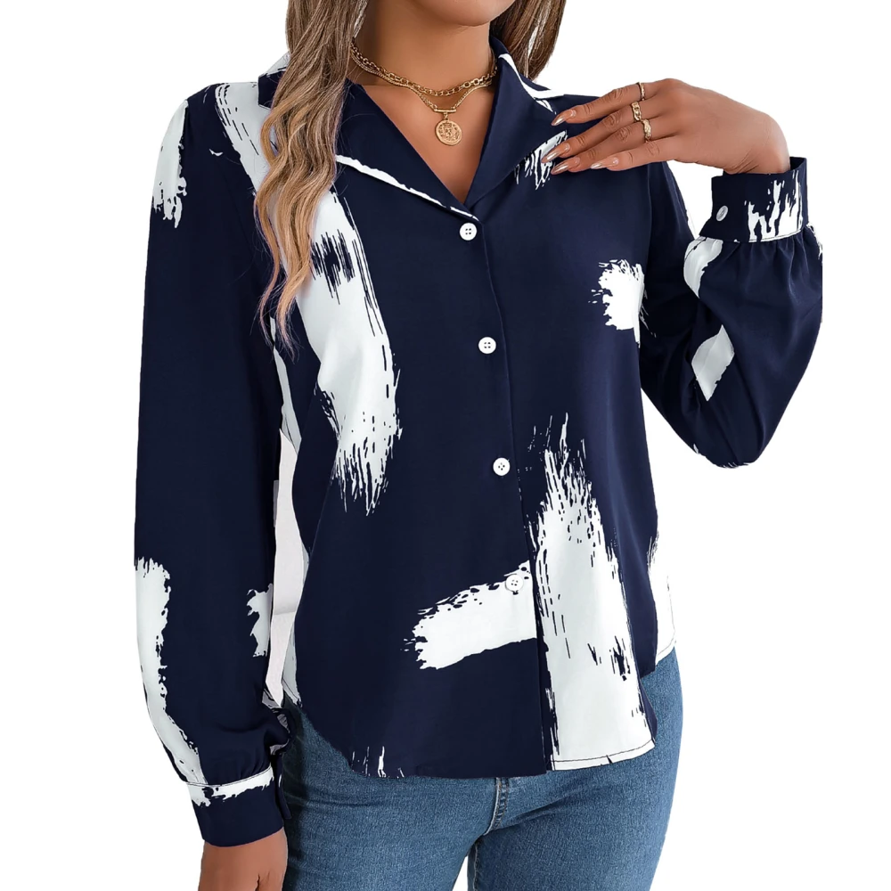 Women Long Sleeve Print Shirt Turn Down Collar Button Up Contrast Color Stylish Casual Blouse Blue S