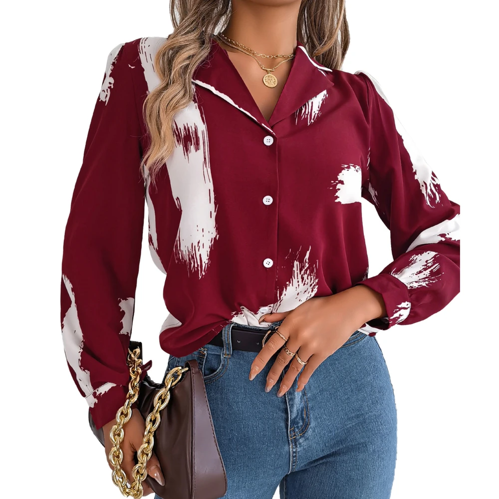 Women Long Sleeve Print Shirt Turn Down Collar Button Up Contrast Color Stylish Casual Blouse Wine Red XL