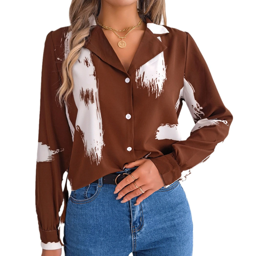 Women Long Sleeve Print Shirt Turn Down Collar Button Up Contrast Color Stylish Casual Blouse Coffee L