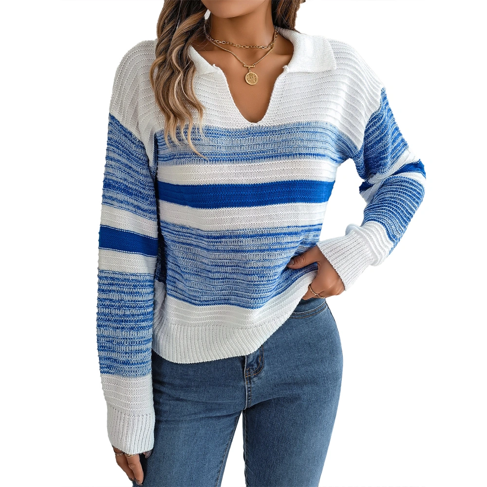 Women Sweater V Neck Turn Down Collar Long Sleeves Strip Pattern Pullover Loose Fit Knit Knitwear Blue L