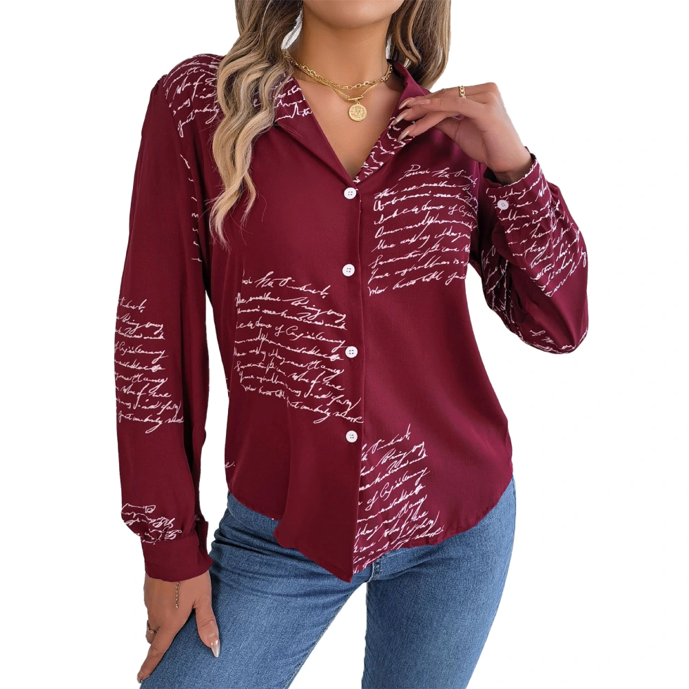 Women Blouse Unique Print Long Sleeve Fashionable Casual Delicate Buttons Shirt Top for Shopping Office Business Wine Red S