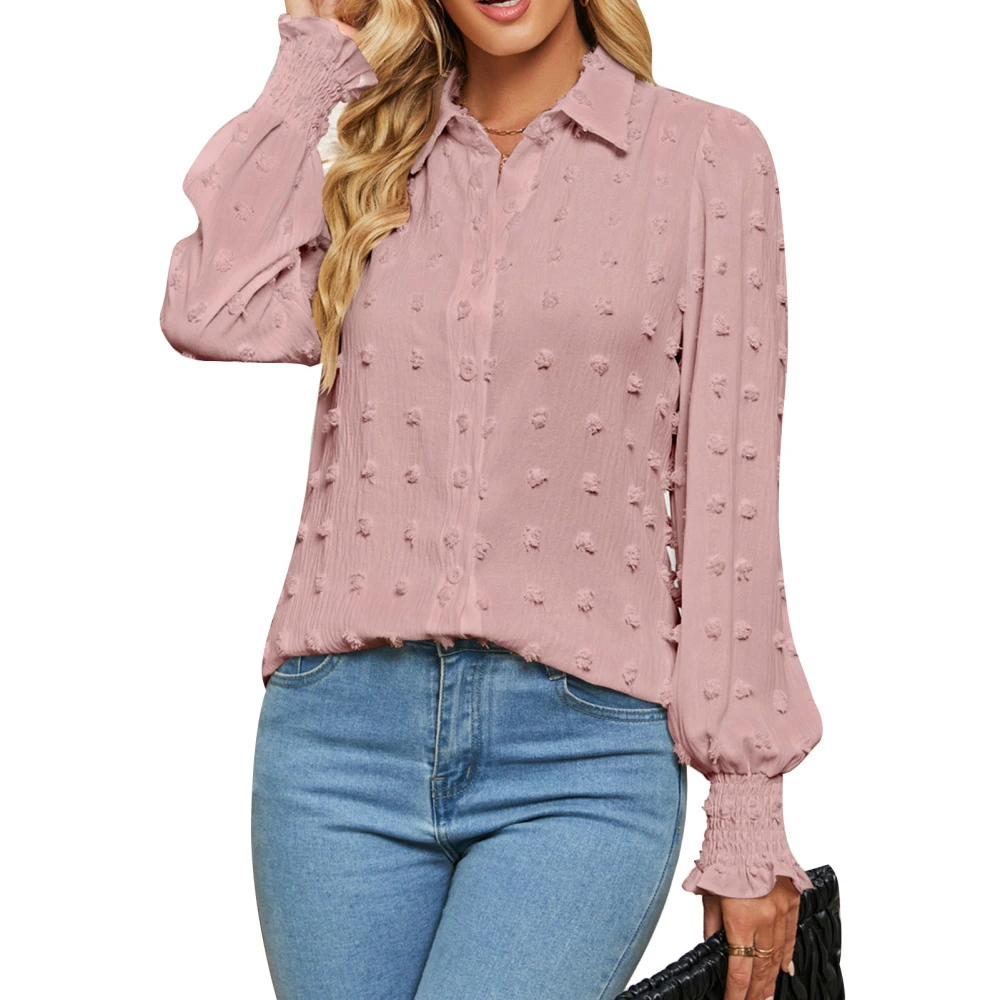 Women Shirt Turn Down Collar Jacquard Shirred Cuffs Plain Casual Loose Women Blouse Top for Home Work Daily Pink L