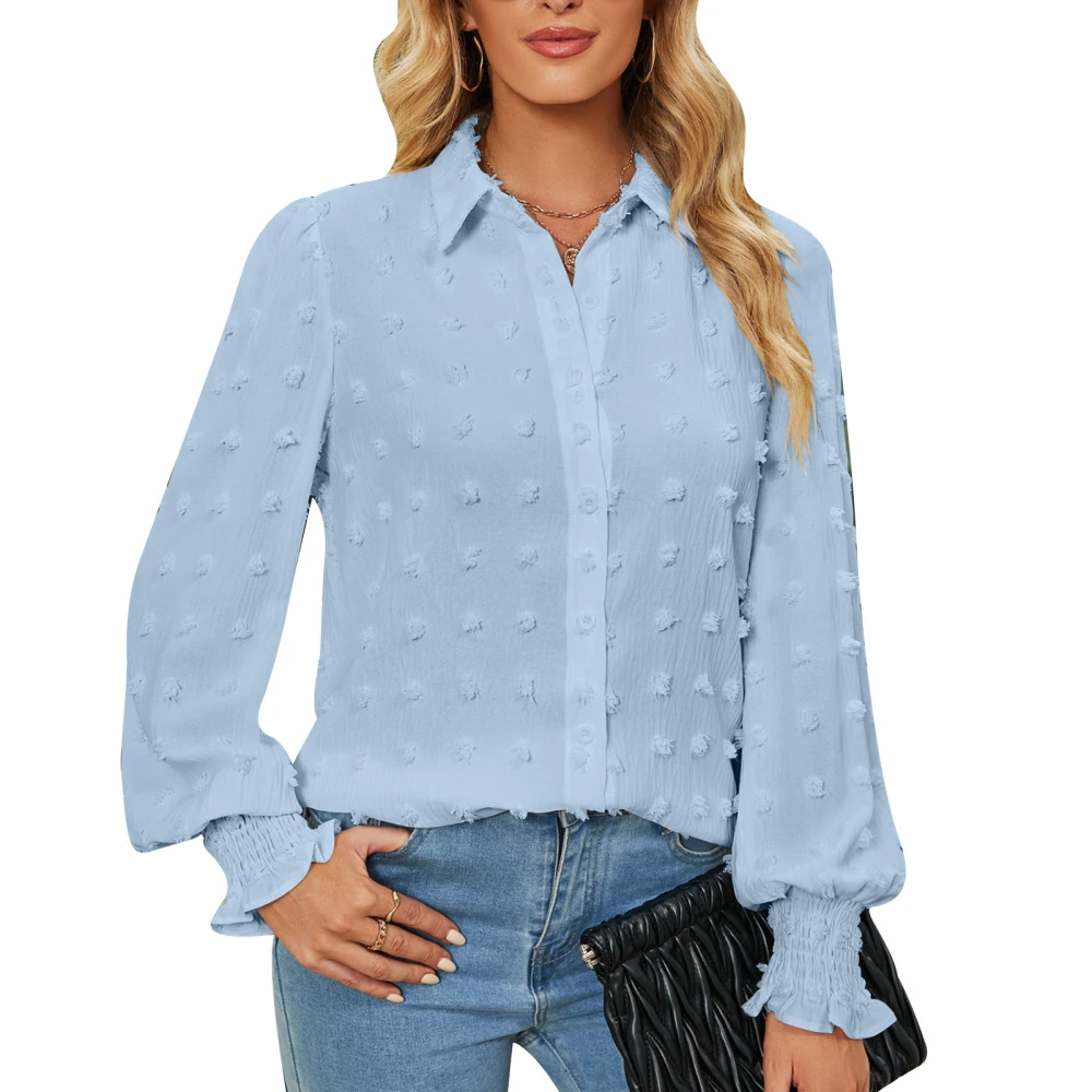 Women Shirt Turn Down Collar Jacquard Shirred Cuffs Plain Casual Loose Women Blouse Top for Home Work Daily Light Blue XXL