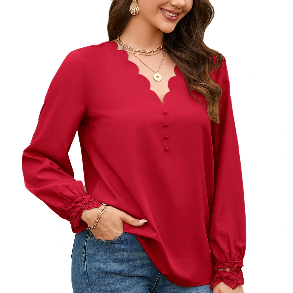 Women V Neck Tops Pure Color Casual Loose Long Sleeve Shirt with Lace Cuffs for Work Office Red M