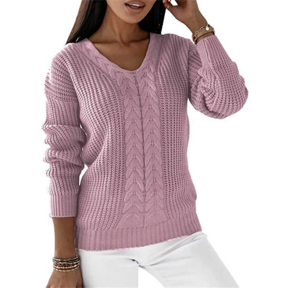 Women V Neck Sweater Long Sleeve Loose Fitting Pure Color Casual Cable Knit Pullover Pink L