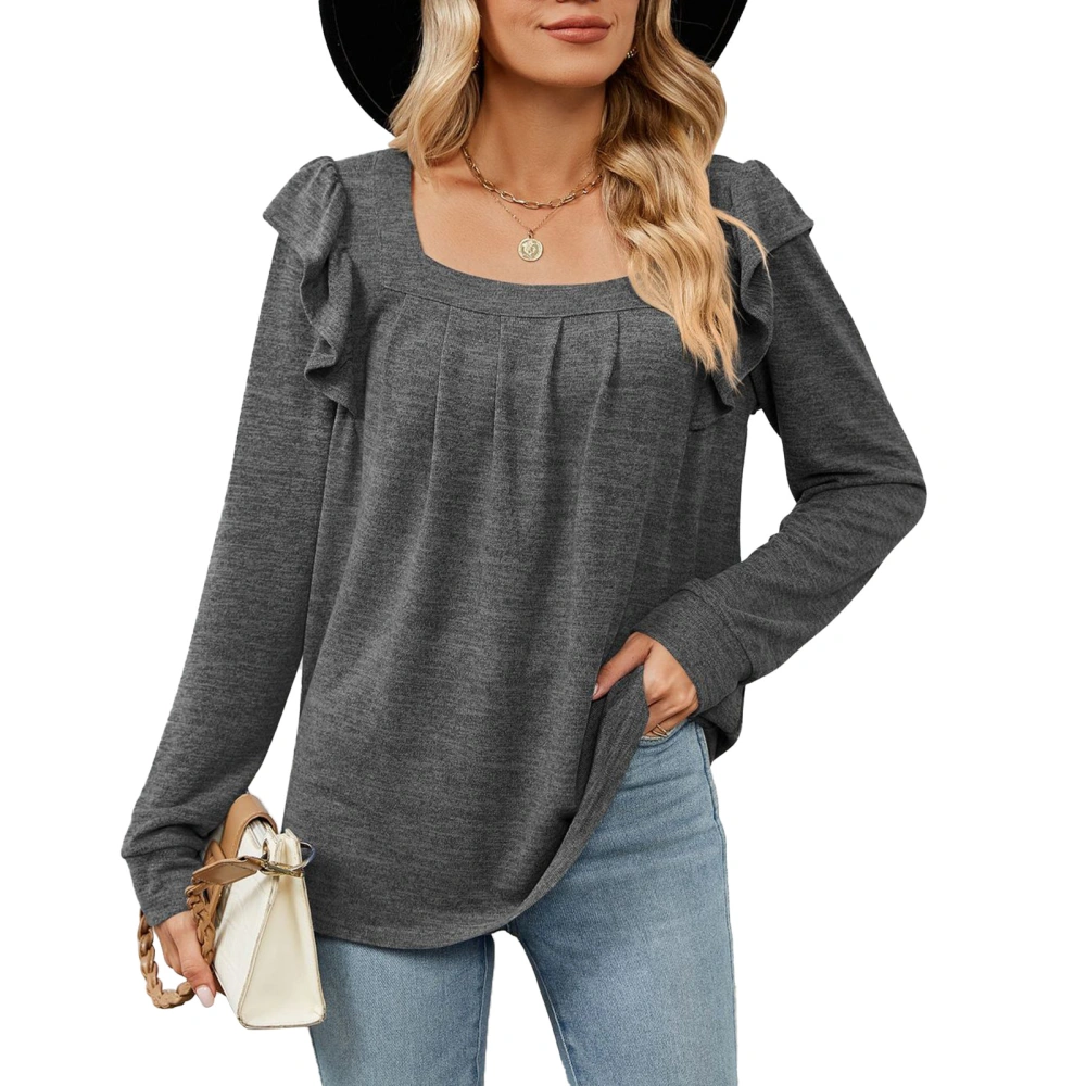 Women Long Sleeved Top Ruffle Hem Breathable Skin Friendly Long Sleeve Blouse For Traveling Outdoor Dark Gray XL